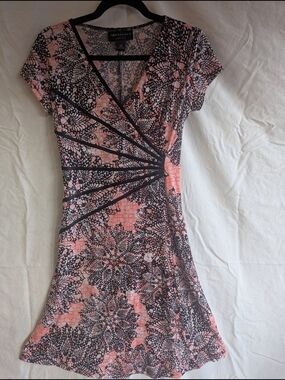 Petite Pink Coral and Black Floral Wrap-Style Mini Dress